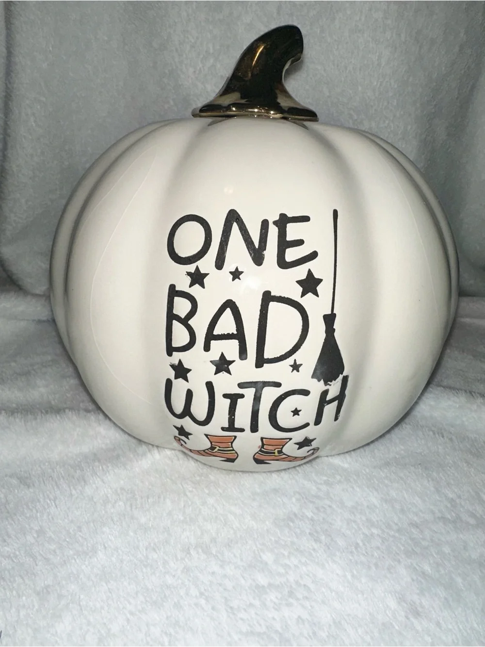 One Bad Witch Ceramic Pumpkin Halloween Decor Gold Witch Hat Stem